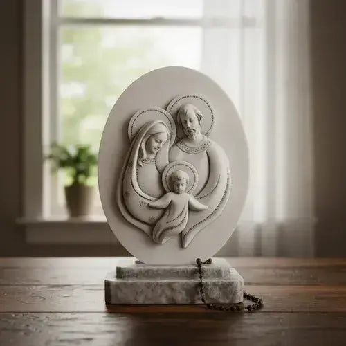 Kit 3 Escultura Sagrada Família Medalha C/ Base 13cm Mármore