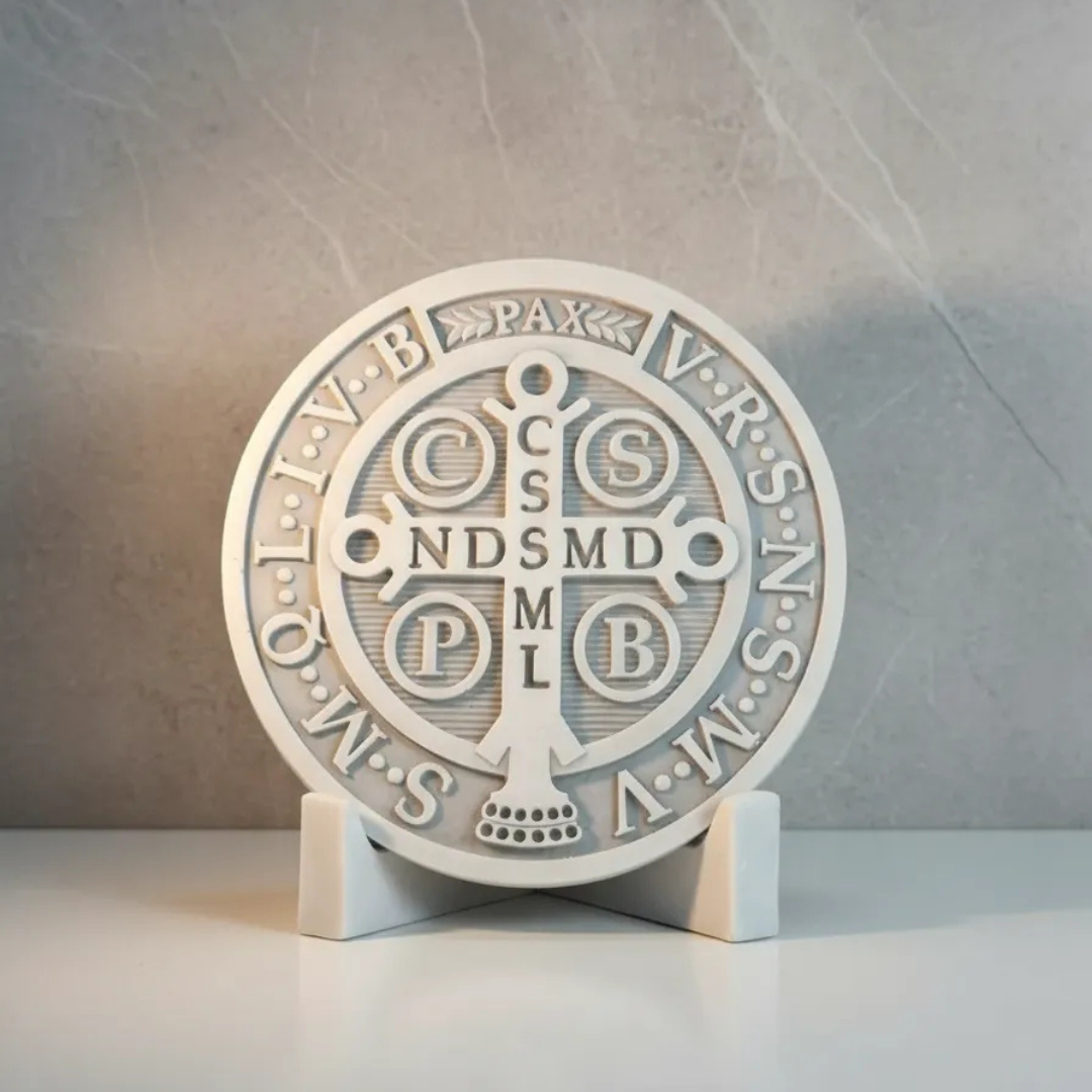 Escultura Medalha São Bento 17cm Mármore Premium C/ Base