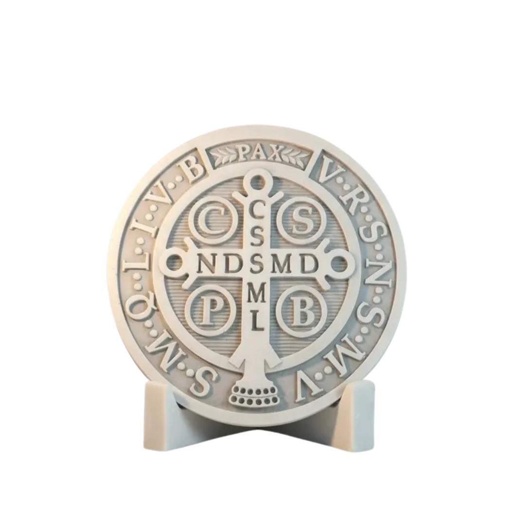 Escultura Medalha São Bento 17cm Mármore Premium C/ Base