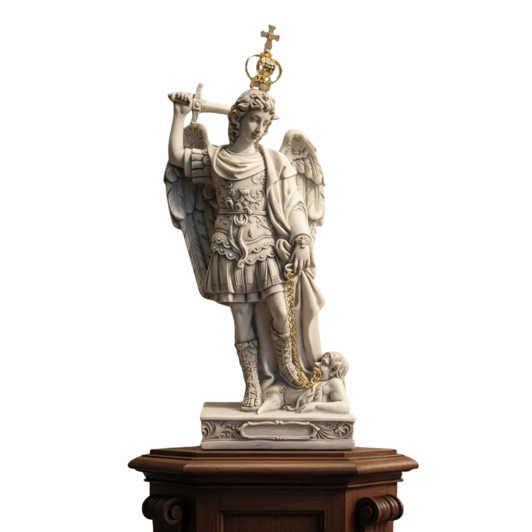Escultura São Miguel Monte Gargano Mármore 30cm C/coroa