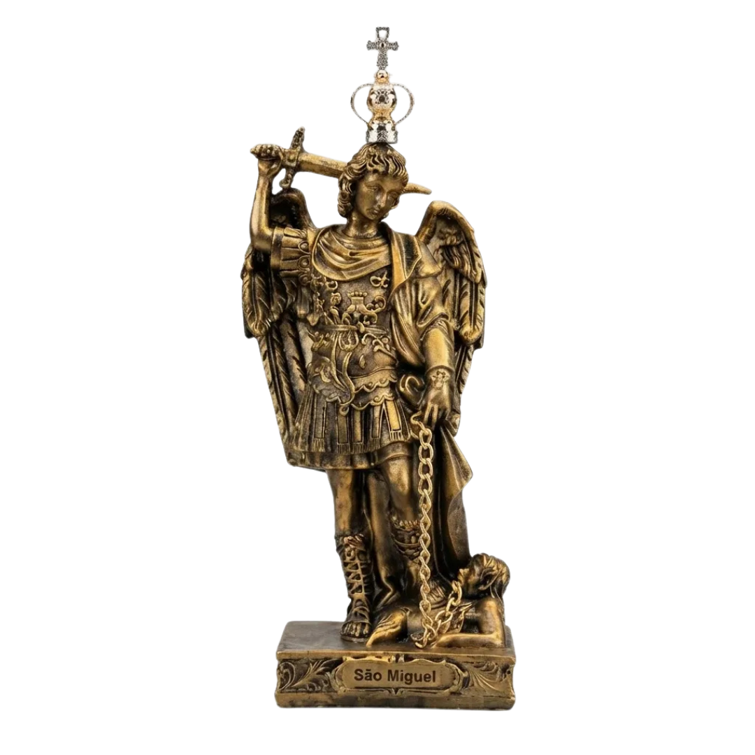 São Miguel Gargano 20cm Resina Ouro Velho C/ Coroa Dourada