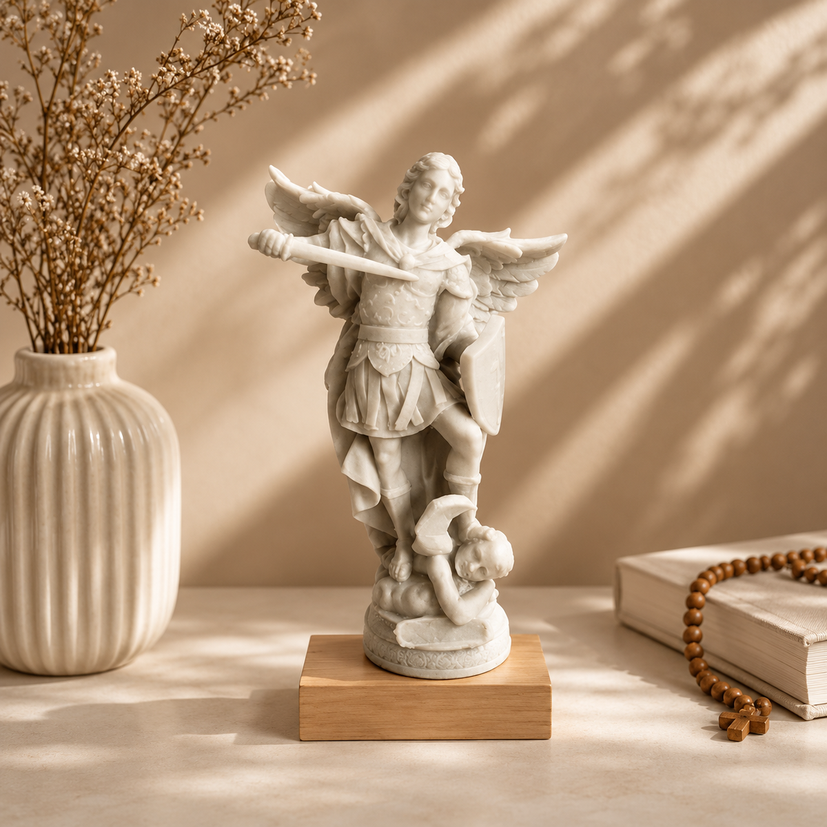 São Miguel Arcanjo Estátua 15cm em Mármore Branco