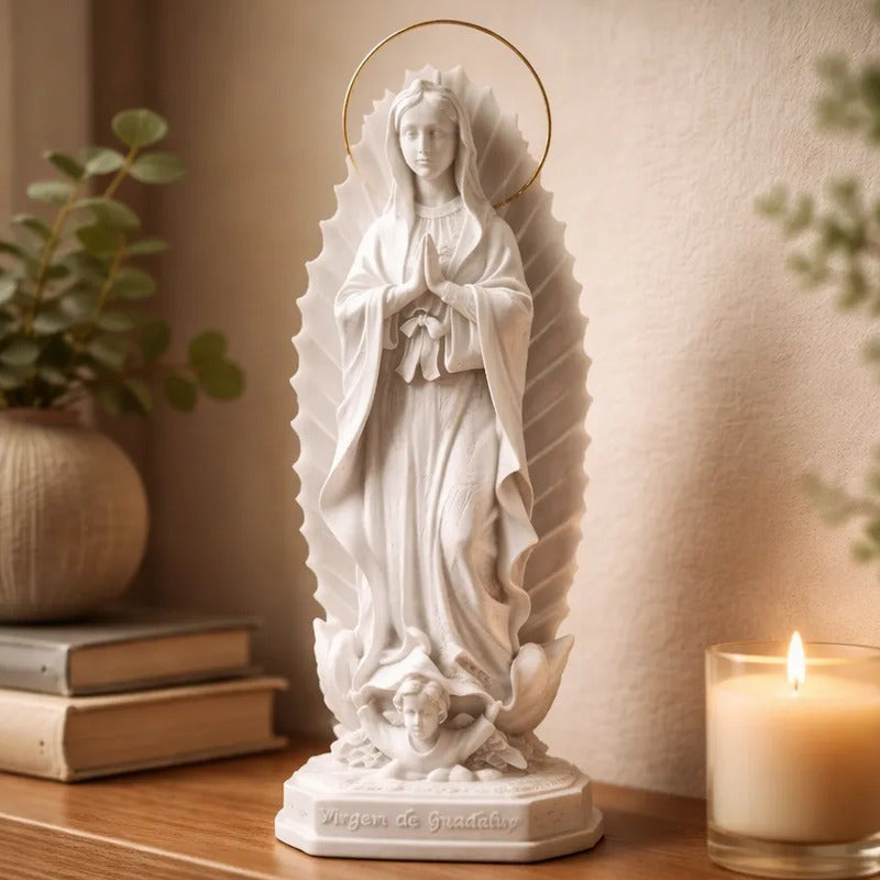Escultura Nossa Sra.guadalupe 20cm Mármore Premium Esplendor Branco