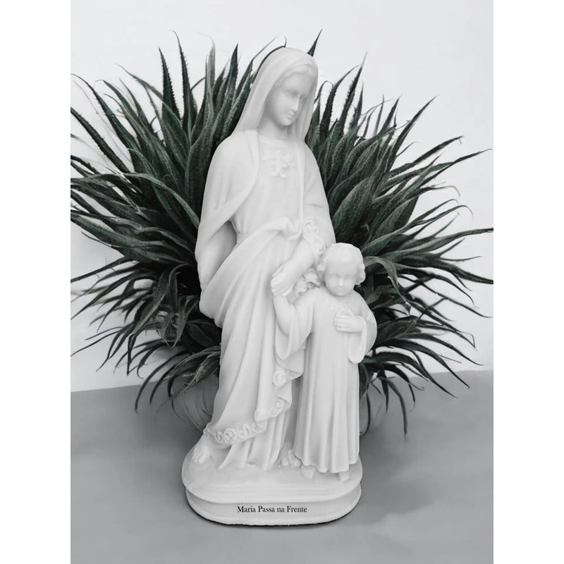 Escultura Maria Passa Frente 30cm Mármore Premium C/ Auréloa Branco