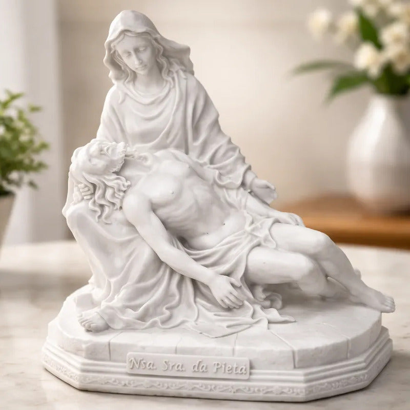 Escultura Nossa Senhora Pietá 17x17cm Mármore Premium Luxo Branco
