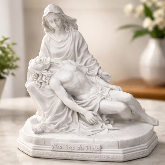 Escultura Nossa Senhora Pietá 17x17cm Mármore Premium Luxo Branco