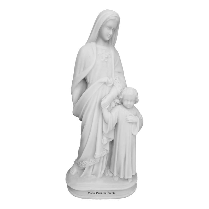 Escultura Maria Passa Frente 30cm Mármore Premium C/ Auréloa Branco