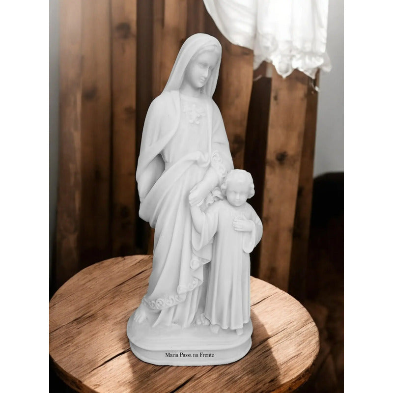 Escultura Maria Passa Frente 30cm Mármore Premium C/ Auréloa Branco