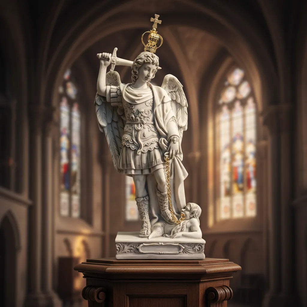 Escultura São Miguel Monte Gargano Mármore 30cm C/coroa