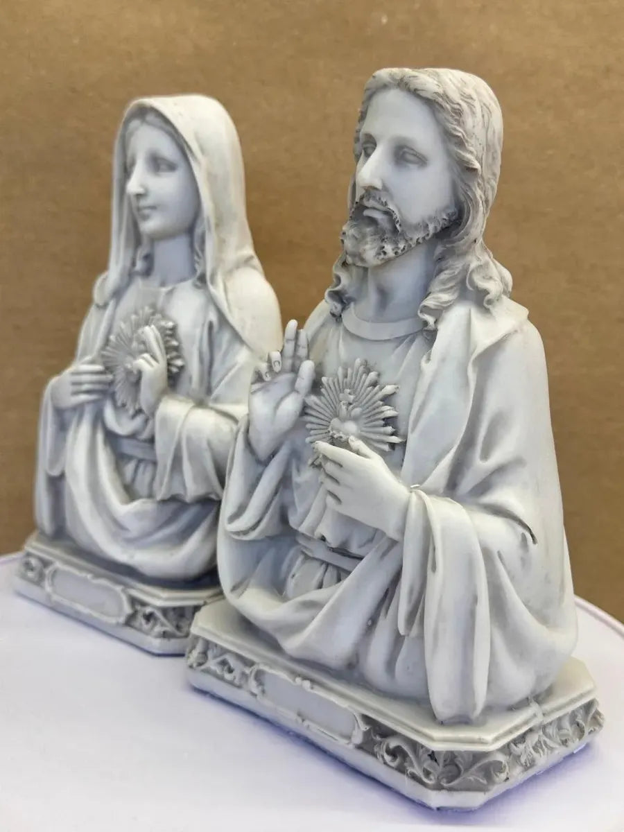 Kit Sagrado Coração De Jesus E Maria Busto 15cm Mármore Luxo