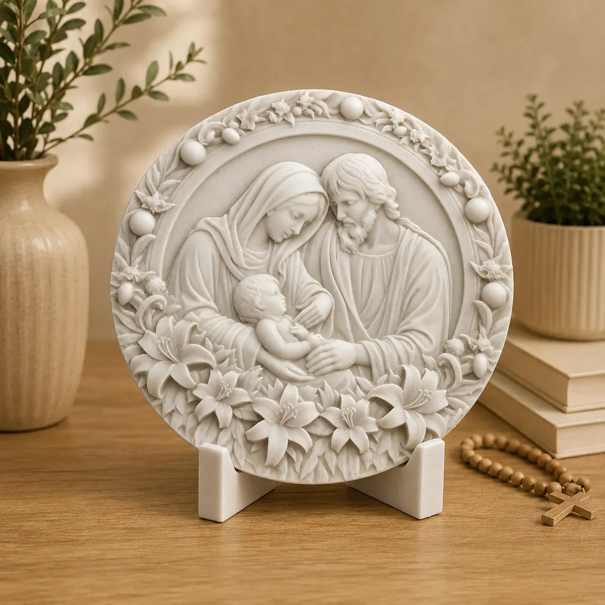 Medalha Sagrada Familia Alto Relevo 21cm Mármore C/ Base