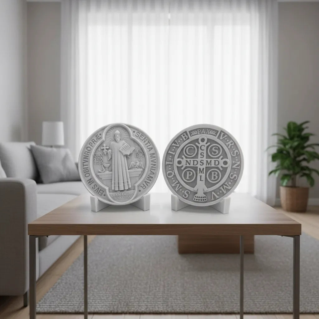 Medalha Dupla São Bento 17cm Mármore Premium C/suporte Base