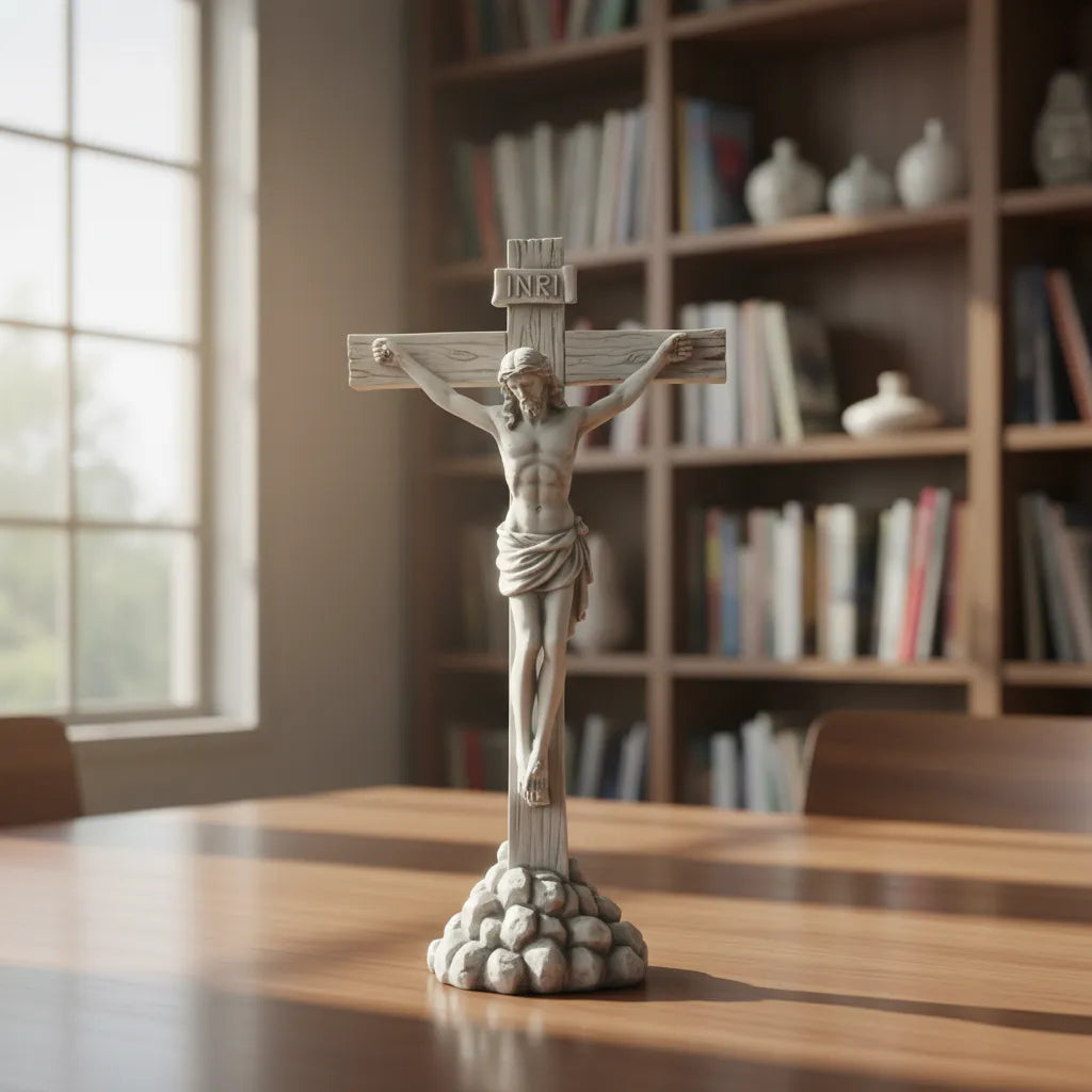 Escultura De Mesa Crucifixo 30cm Mármore Maçico Premium Luxo
