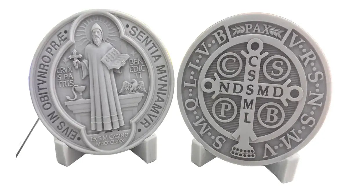Medalha Dupla São Bento 17cm Mármore Premium C/suporte Base
