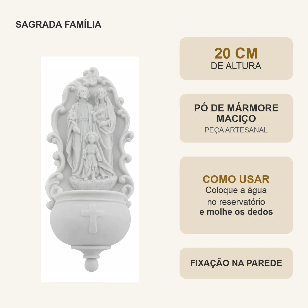 Pia Água Benta Sagrada Família Em Mármore 20cm
