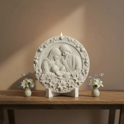 Medalha Sagrada Família Alto Relevo 21cm Mármore C/ Base