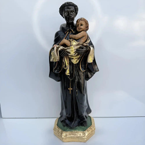 Escultura Imagem São Benedito 30cm Pintura Envelhecida Luxo