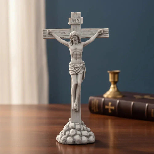 Escultura De Mesa Crucifixo 30cm Mármore Maçico Premium Luxo