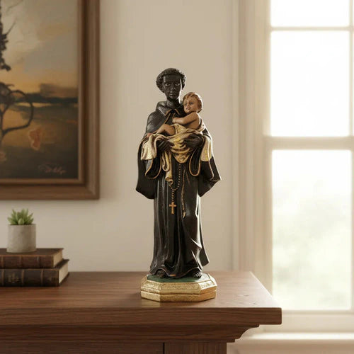 Escultura Imagem São Benedito 30cm Pintura Envelhecida Luxo