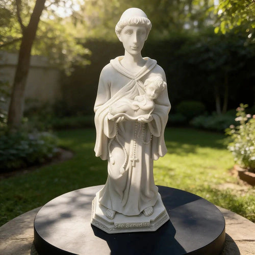 Escultura Original São Benedito 17cm Mármore Premium