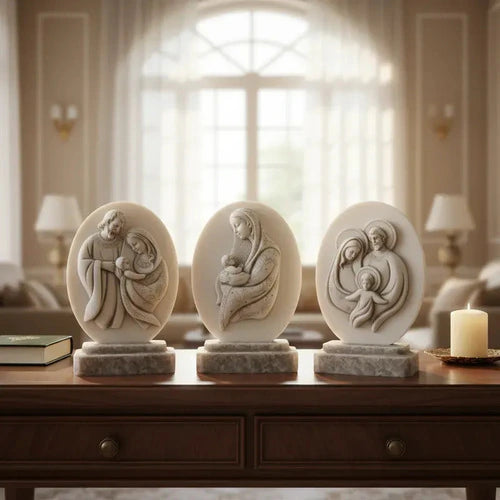 Kit 3 Escultura Sagrada Família Medalha C/ Base 13cm Mármore