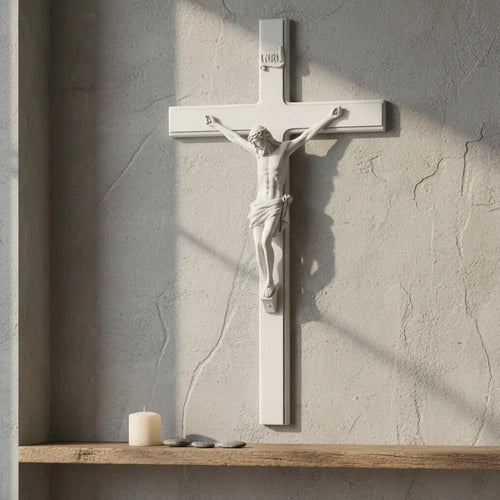 Cruz Crucifixo Parede 55x29 Mármore Premium Branco Luxo