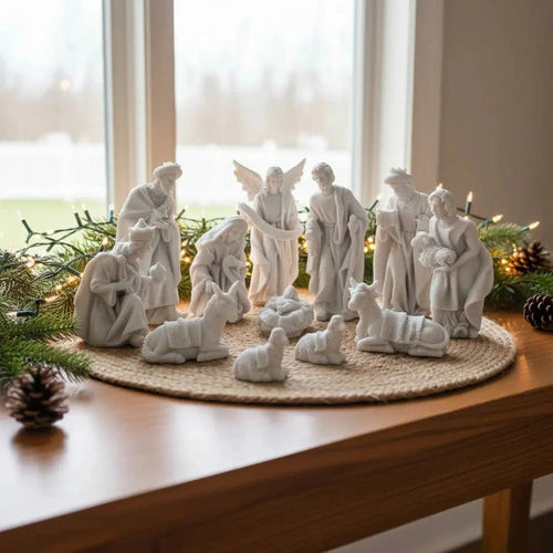 Presépio Com 12 Peças De 15cm Em Mármore Branco Para O Natal