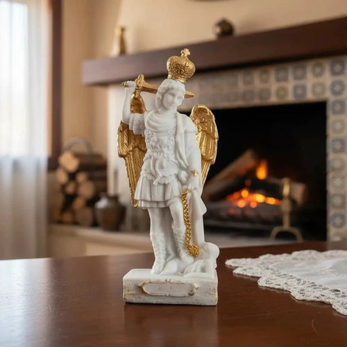 Escultura São Miguel 12cm Mármore com Detalhes Dourados