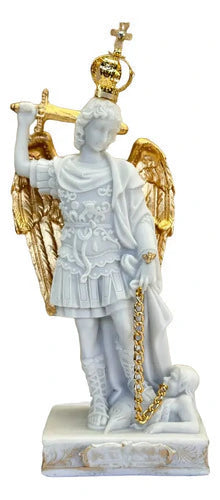 Escultura São Miguel 20cm Mármore Dourado com Coroa