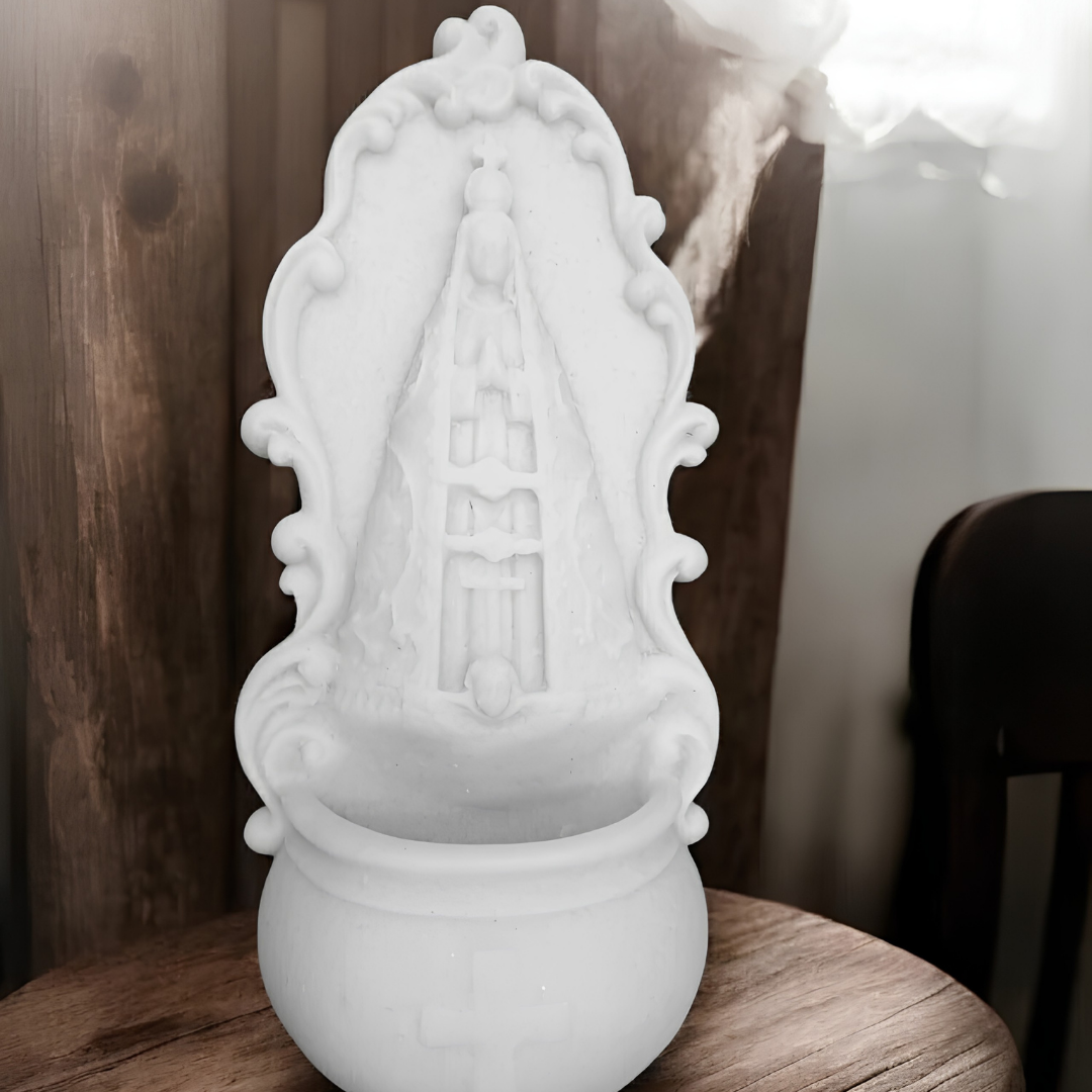 Pia Porta Água Benta com Imagem de N.S Aparecida 20 cm Mármore Maciço