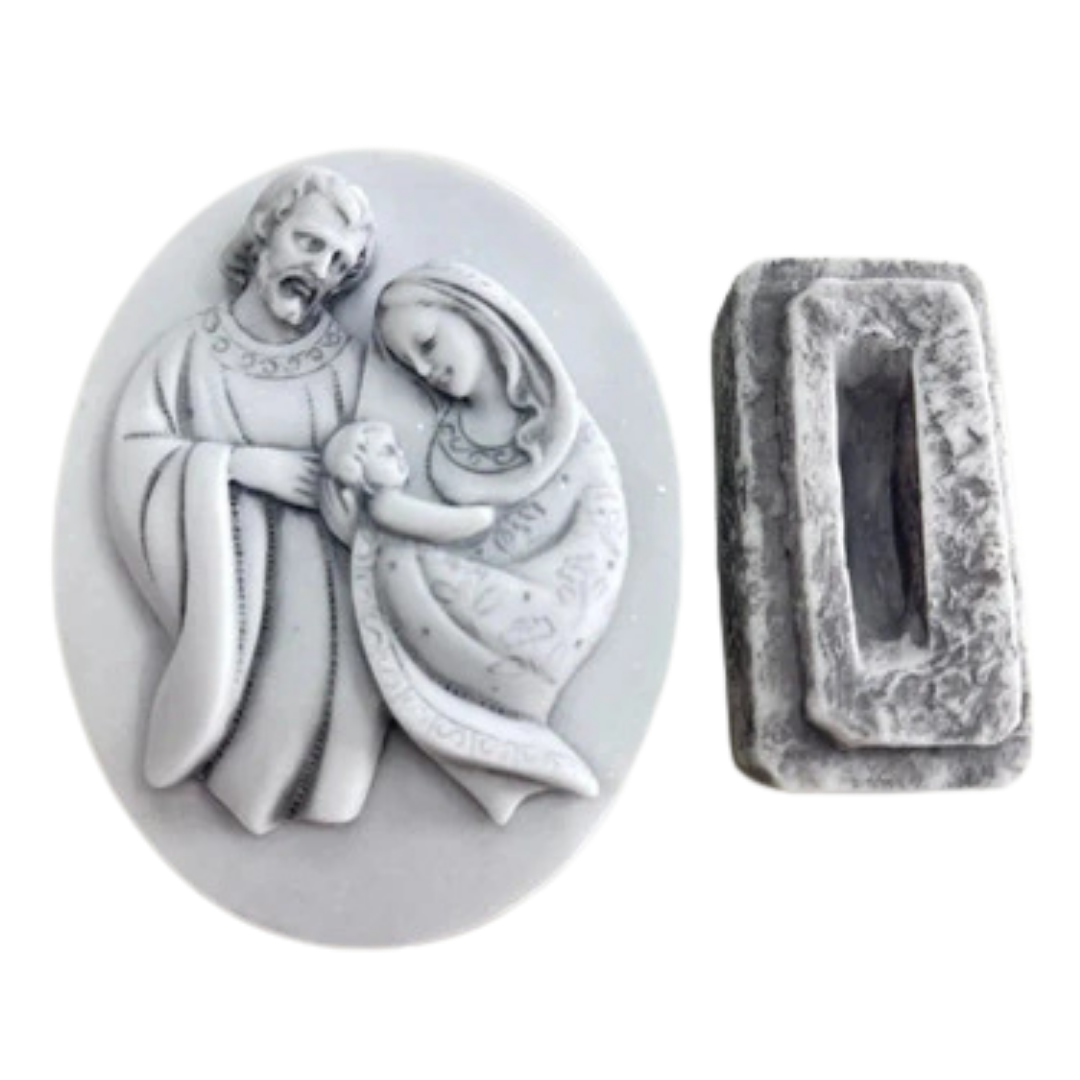 Escultura Medalha Sagrada Família Estilizada Mármore 12cm Base Esfumaçada
